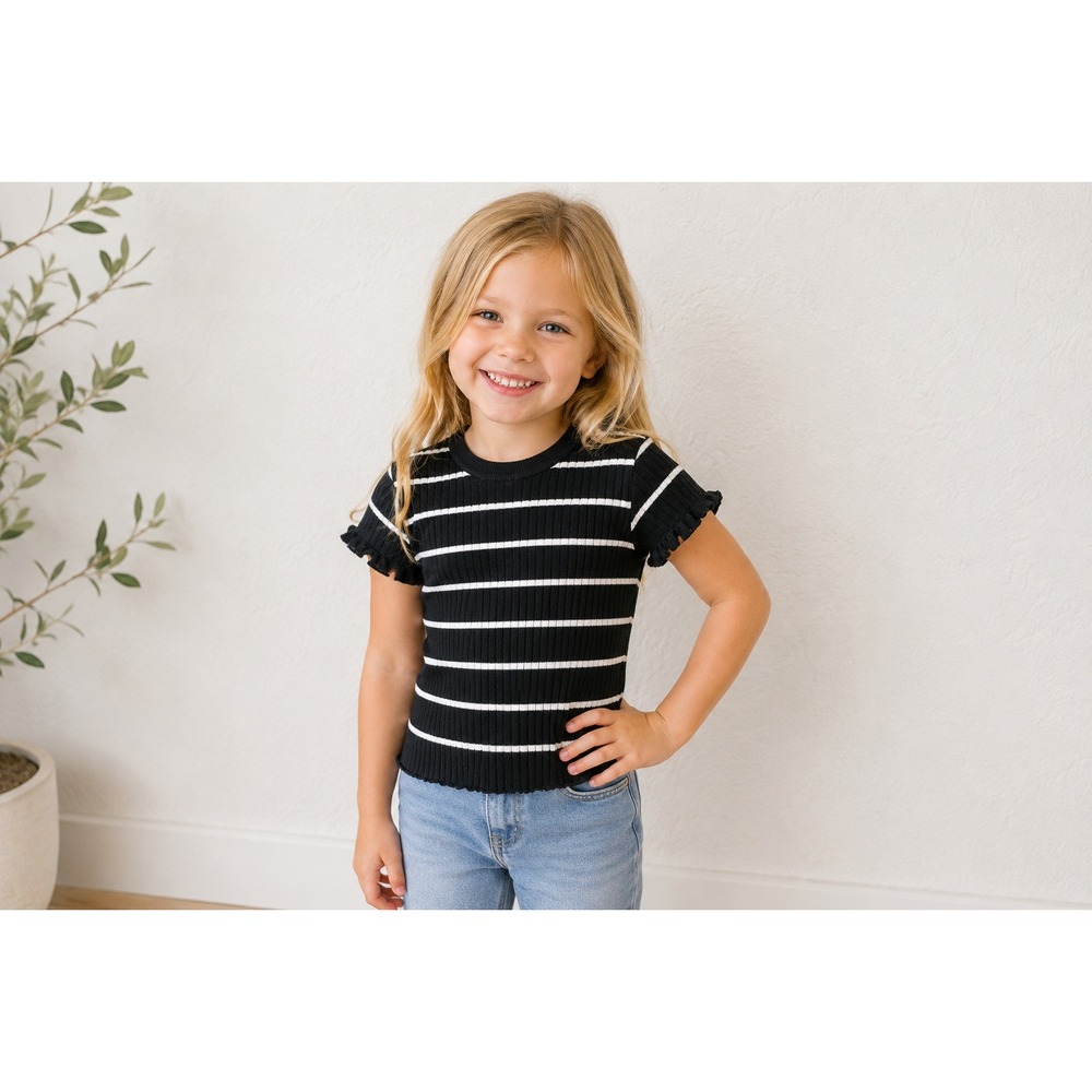 H&M Girls Black White Striped Ribbed Knit Ruffle Sleeve Top Size 5T 6 5-6Y